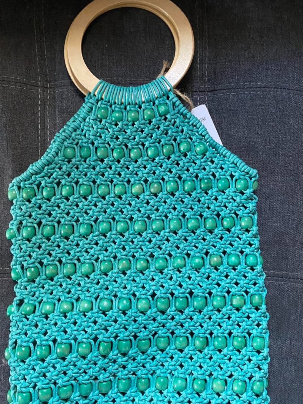 Green Turquoise Macrame Crochet Knit Beaded Boho Wood Handle Tote Handbag - Picture 4 of 5